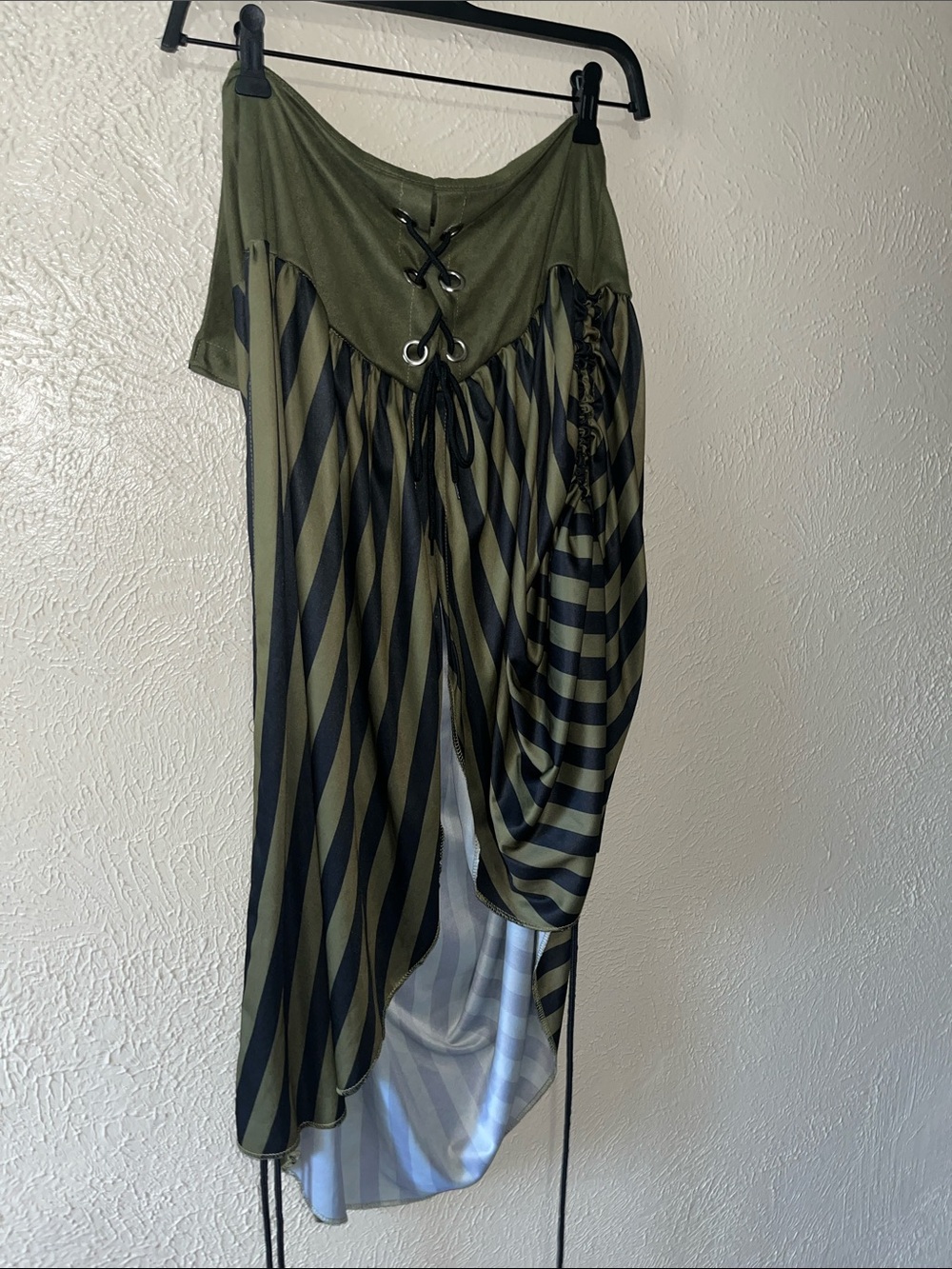 Asymmetrical Olive & Black Striped Skirt with Lace-Up Waist